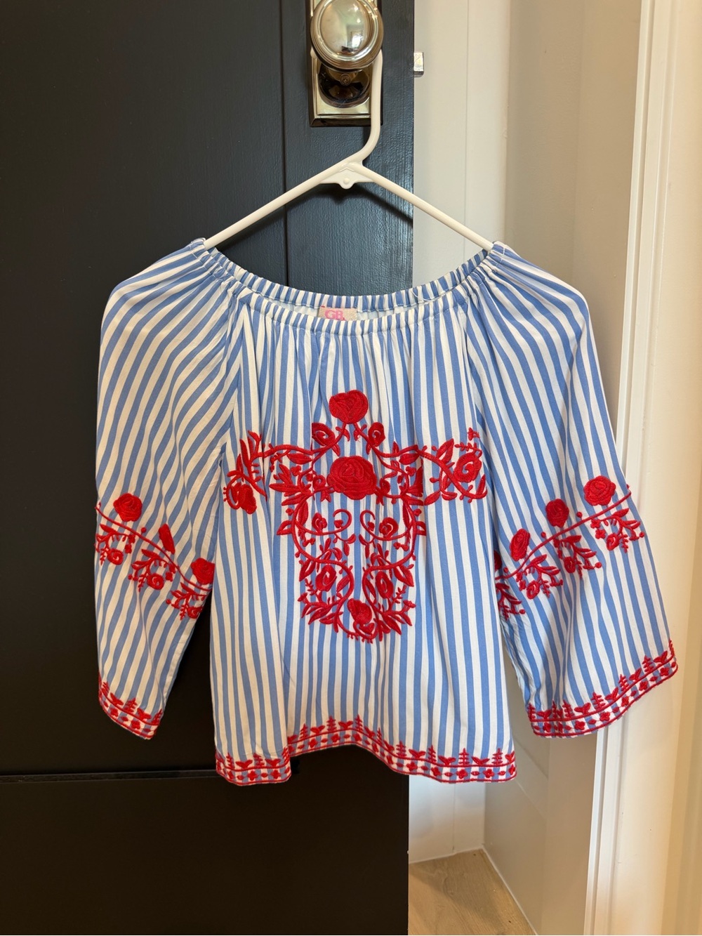 Gianni Bini Blue and White Striped Peasant Top with Red Embroidery